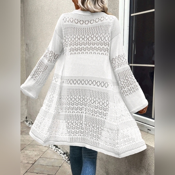 New Boho Lacey Pointelle Knit Long Cardigan Duster White - Picture 3 of 8